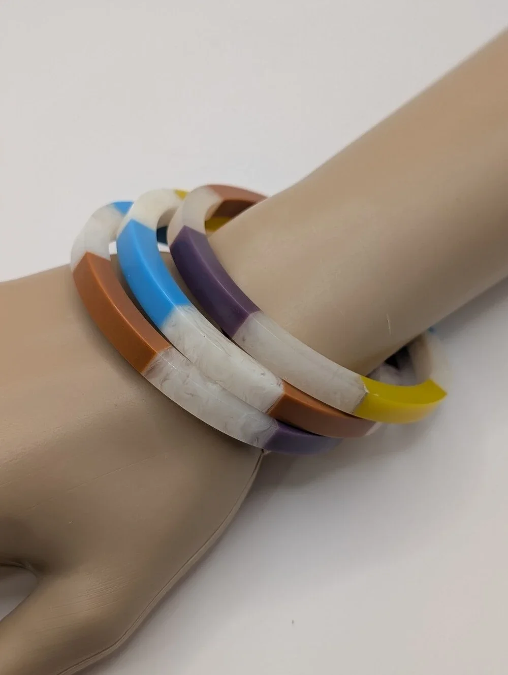 Plunder Colorblock Resin Bangle Trio in Yellow, Blue, Purple, Orange, Cream